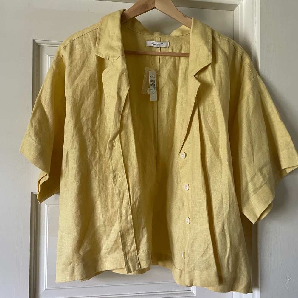 Madewell yellow cropped linen short sleeve button down